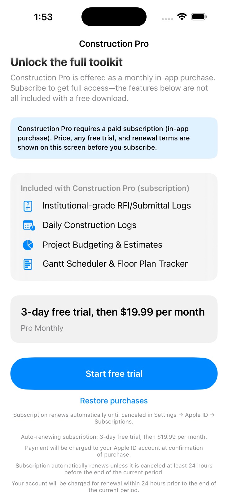 Construction To Do pro subscription